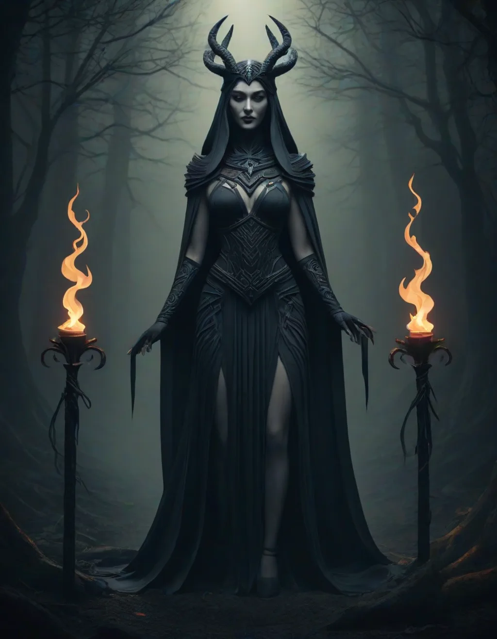 The goddess Hecate standing at a misty crossroads at midnight, flanked by two burning torches — generated on Latent Realms