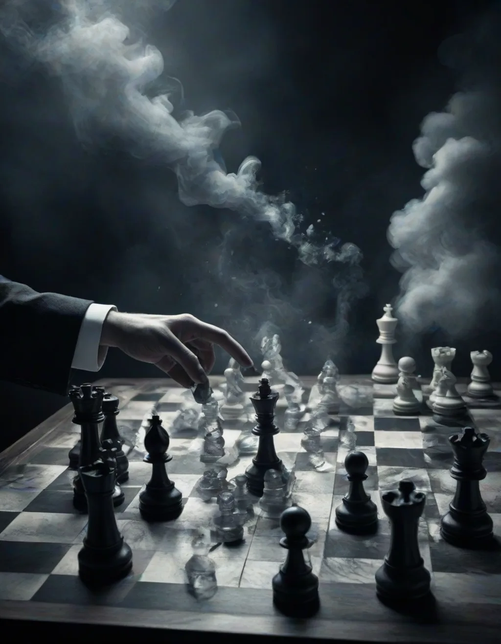 A surreal chess game played on a board of light and shadow, pieces of dark smoke and white quartz — generated on Latent Realms
