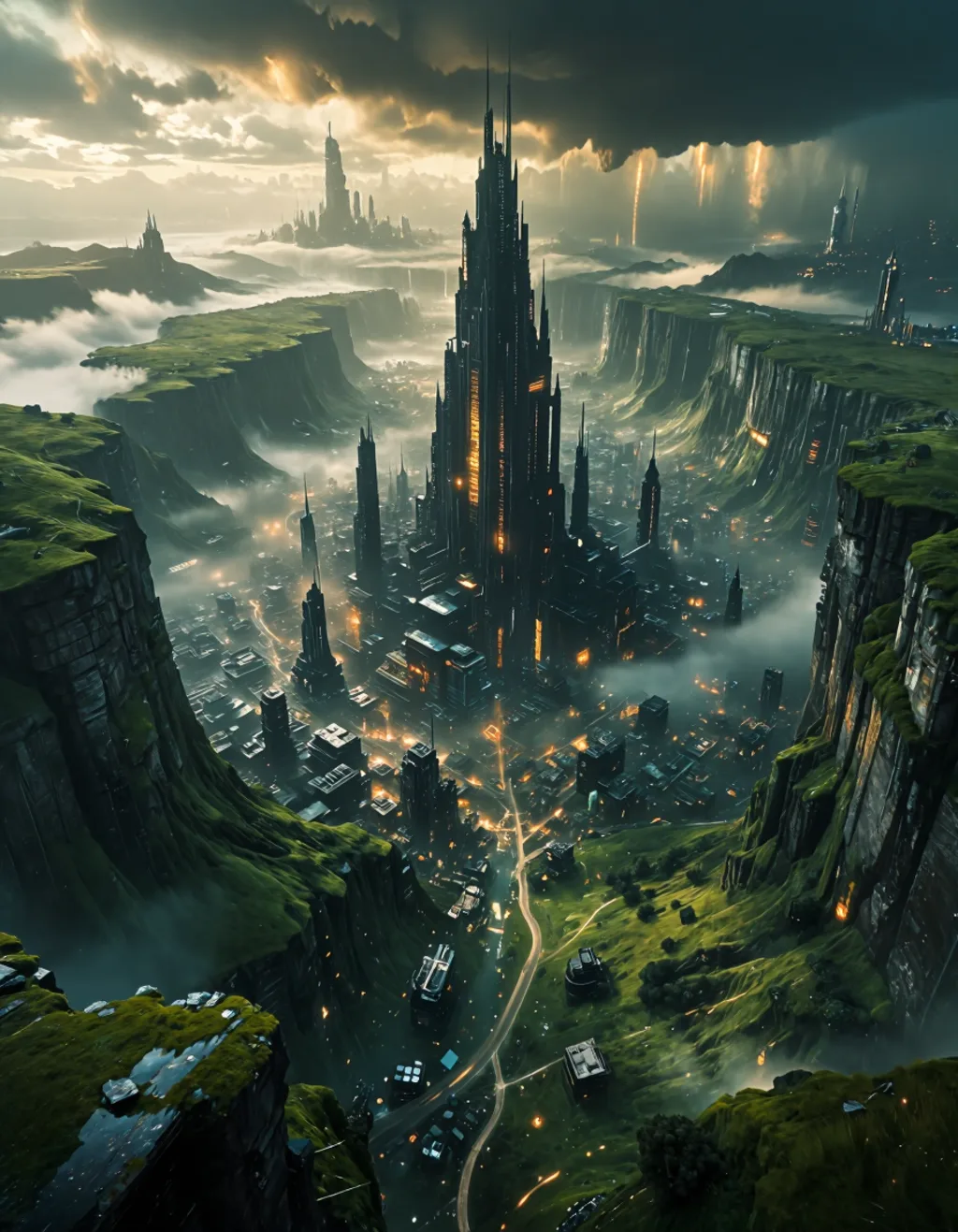 A vast futuristic city hidden inside a lush green canyon — generated on Latent Realms