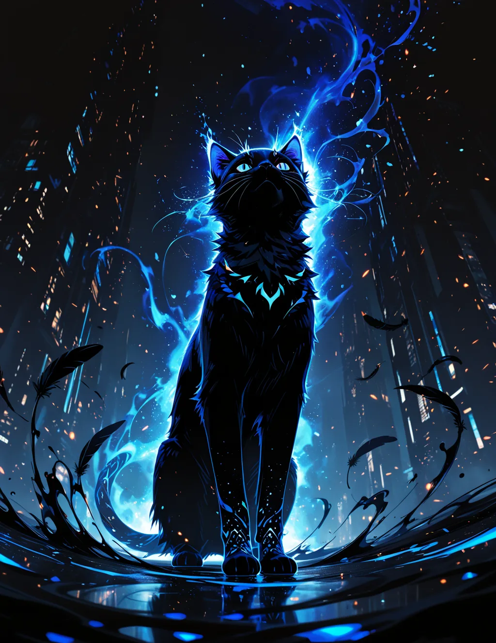 A black cat wreathed in electric-blue ink splashes — generated on Latent Realms