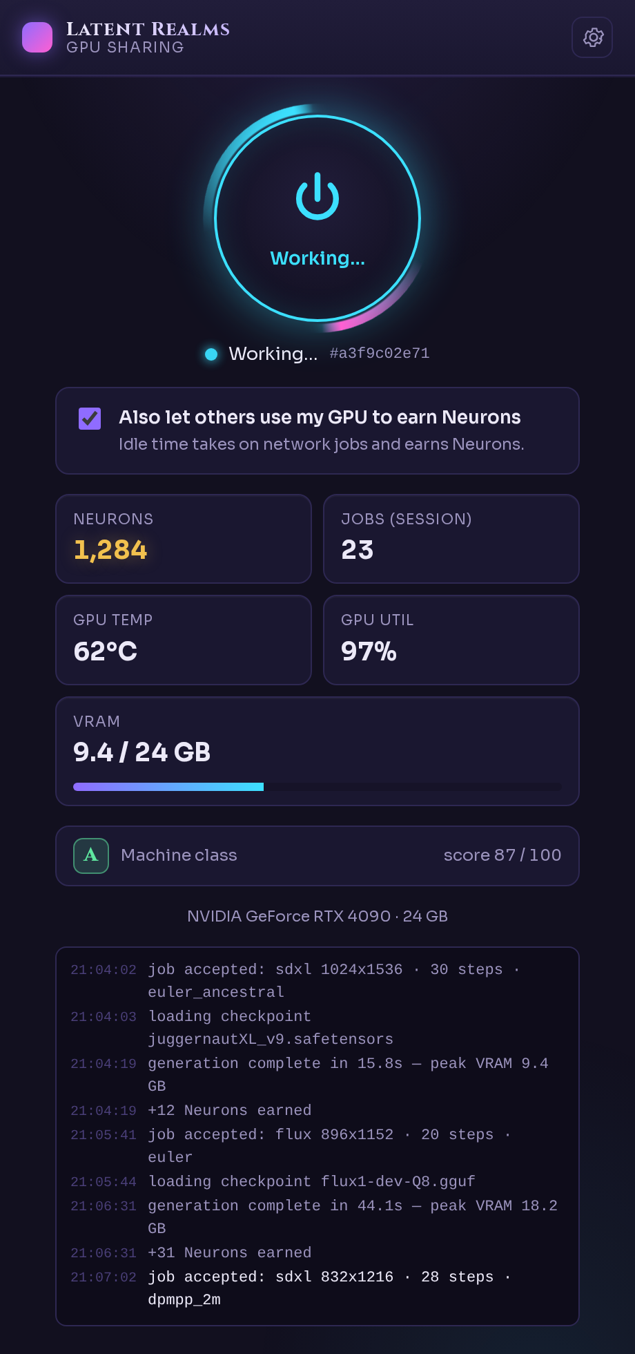 Latent Realms GPU Sharing client while generating: glowing power ring in the Working state, GPU temperature, utilization and VRAM stats, Neurons balance, and a timestamped activity log.